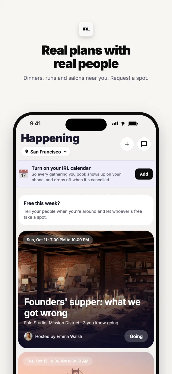 The Happening tab in San Francisco: plans near you this week, including a founders' supper hosted by Emma Walsh, with a way to request a spot.