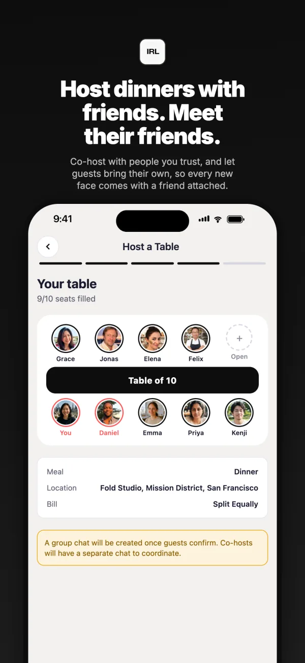 Hosting a table for ten: the friends you have invited, the venue, and how the bill is split.