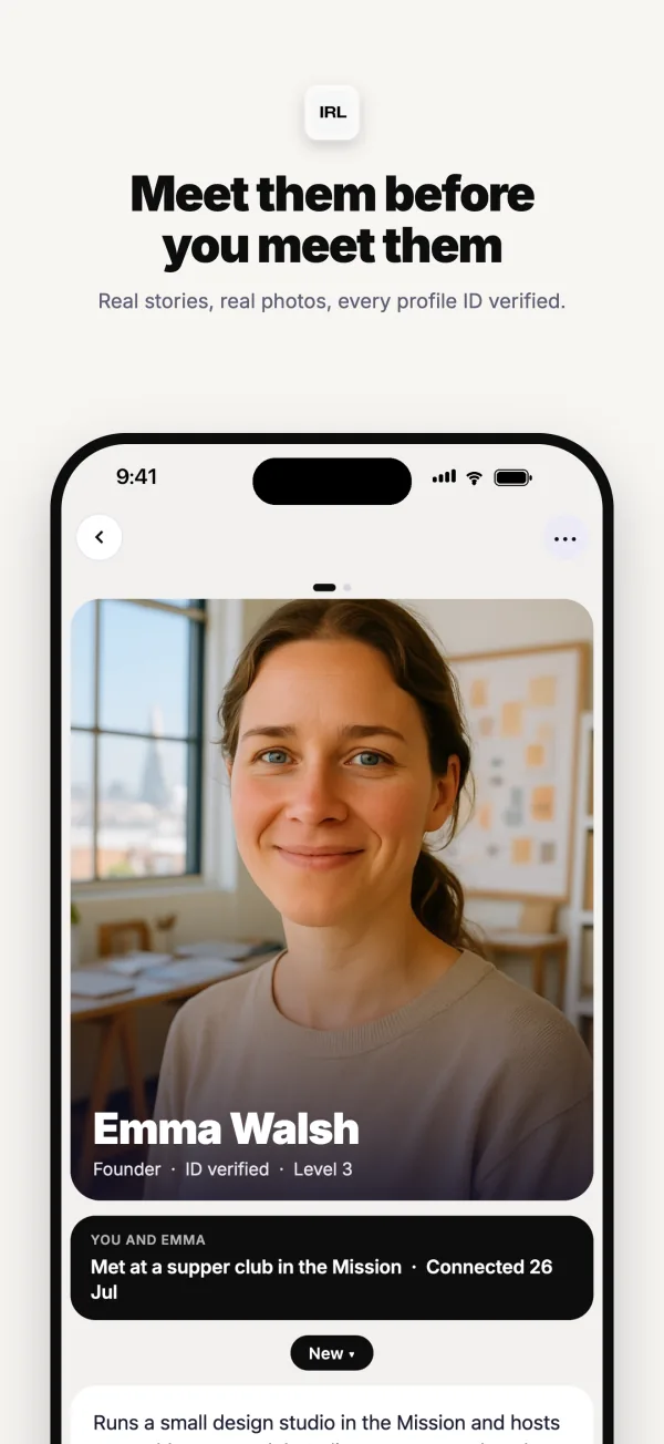 Emma Walsh's profile: a real photo, ID verified, and how the two of you already know each other.