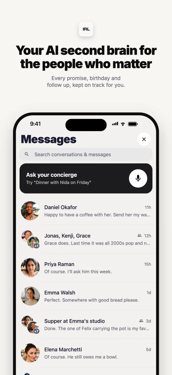 Messages, with your AI concierge at the top for making plans, above your chats with people you know.