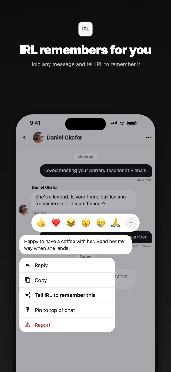 A chat with Daniel Okafor, holding down a message to ask IRL to remember it for later.