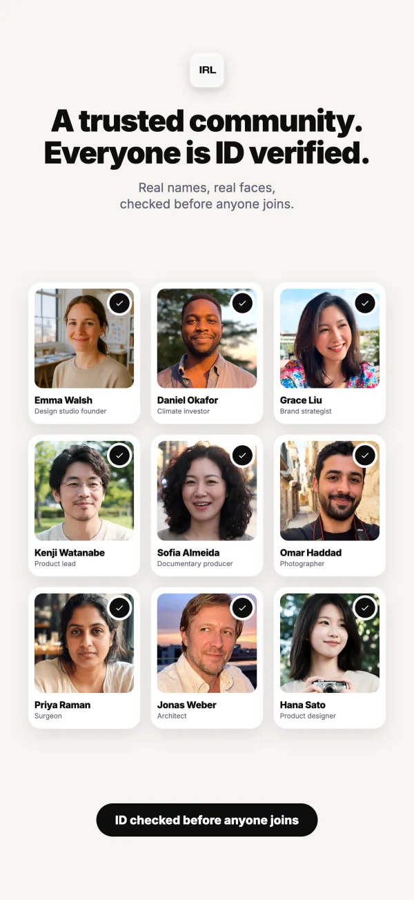 A grid of member photos, each with a verified badge: everyone is ID checked before they join.