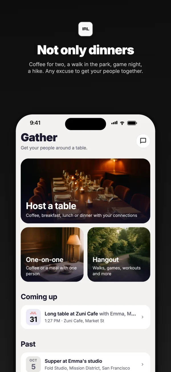 The Gather tab: host a table, a one-on-one coffee or a hangout, with your coming and past plans.