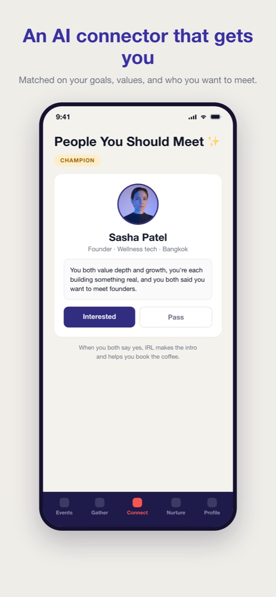 The AI connector suggesting someone to meet, with what the two people have in common.