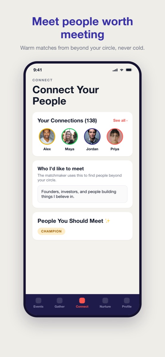 Suggested people to connect with, each one reached through a mutual friend rather than cold.