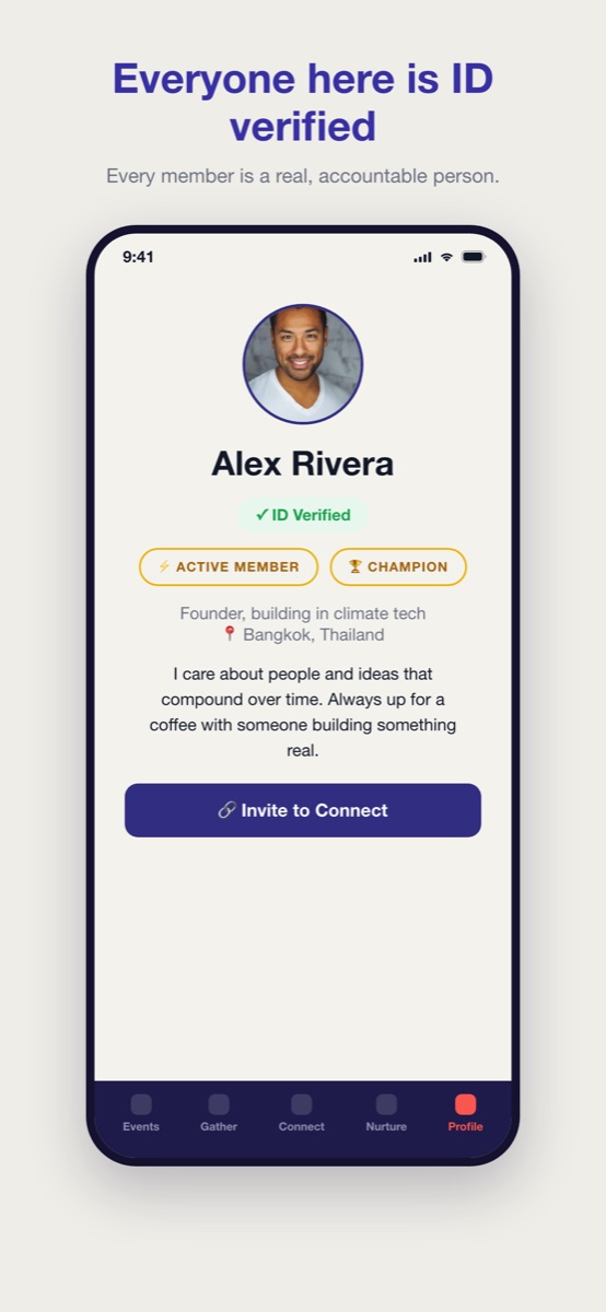 A member profile showing an ID Verified badge, their work, city and bio.